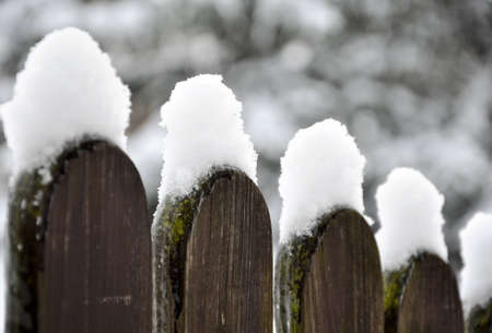 winter snow on fence, on railingsの写真素材