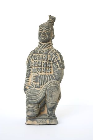 Front view of a kneeling terracotta warrior foot soldier against a white backgroundのeditorial素材