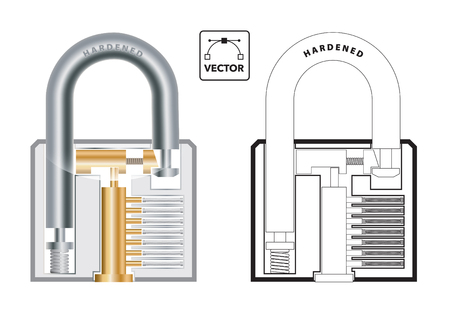 Vector illustration of the cross section of a padlock showing springs, pegs and locking mechanism in colour and outlineのイラスト素材