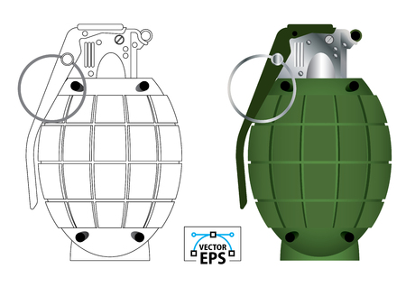 Side view of a frangmentation hand grenade vector illutration in colour and black and white outlineのイラスト素材