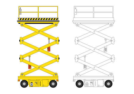 Diagramatic front view of a hydrallic mechanical boom lift in colour and outlineのイラスト素材
