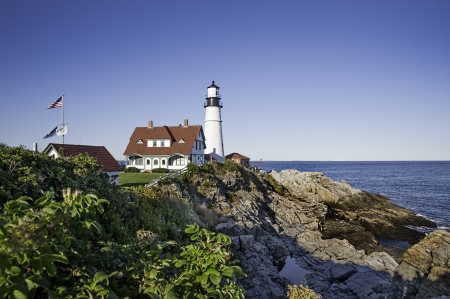 Portland Head Lighthouse on a bright sunny afternoon in Portland, Maine のeditorial素材