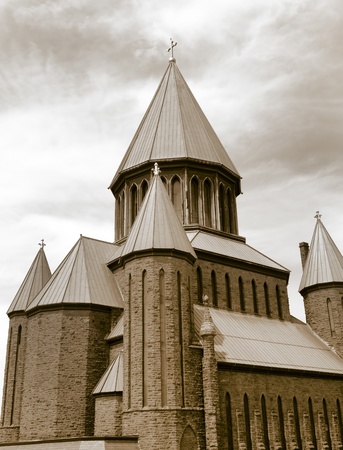 Sepia tone of the spires of St  John the Evangelist Roman Catholic Church, Schenectady, New Yorkの写真素材
