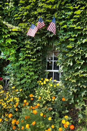 Flowers and flags frame an ivy-crowded window in Charlton, New York.の写真素材