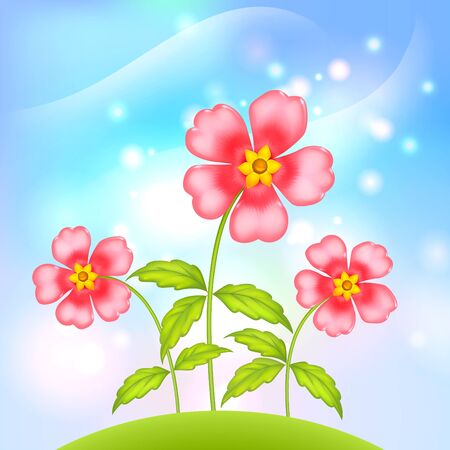 vector Pink little flowers growing at green summer hillのイラスト素材