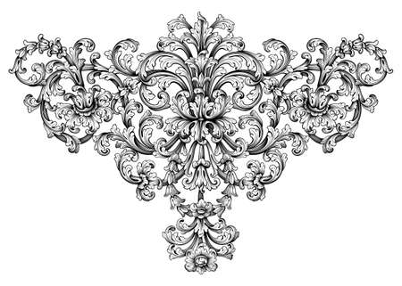 Vintage Baroque floral frame border Victorian flower ornament scroll engraved retro pattern decorative design tattoo black and white filigree calligraphic vector heraldic shield swirl leaf monogramのイラスト素材