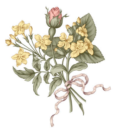 Rose flowers vintage bouquet Baroque Victorian garden wild floral botanical ornament frame border scroll bunch engraved retro decorative tattoo filigree vectorのイラスト素材