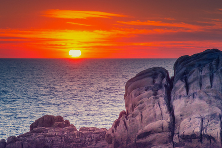 sunset at the granite rocks les rochers of Saint-Guenole Brittany, Franceの写真素材