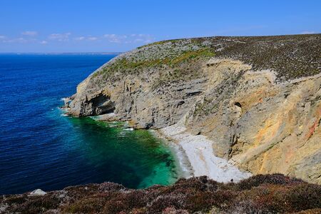 Cap de la Chevre and sea coast in Brittany (Bretagne), France, Focus in the middle of the photoの写真素材