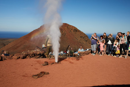 Lanzarote, Canary Islands - December 28, 2019: Geyser of steam in Timanfaya National Park Lanzarote at Canary Islandsのeditorial素材