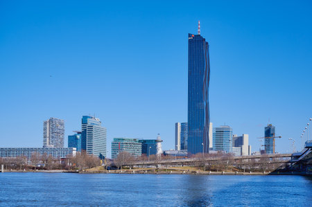 Vienna, Austria - Feb 20, 2020: Donaustadt Danube City is a modern quarter with skyscrapers and business centres in Vienna, Austria.のeditorial素材