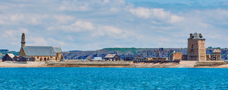 Camaret-sur-Mer, France - July 13, 2019: Web banner of landmarks of Camaret-sur-Mer with the Vauban tower which is a seashore defensive medieval tower in Brittany, France.のeditorial素材