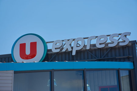Camaret-sur-Mer, Brittany, France - July 13, 2019 - Super U express sign on store front, Super U is...