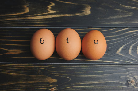 the German word BIO which means in English ORGANIC stamped on three eggs on wooden surface, flat lay...