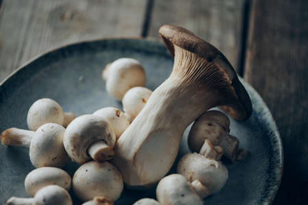 macro photo of king oyster mushroom beside champignons on a blue plateの写真素材