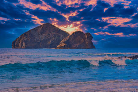 Ilheos dos Mosteiros on Sao Miguel Azores, a volcanic rock during sunsetの写真素材