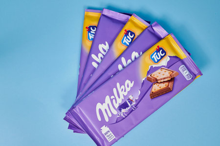 Mainz, Germany - December 17, 2020: Milka chocolate, a brand of chocolate confection which originated in Switzerland in 1825 and since 1990 has been manufactured by the Mondelez Int.のeditorial素材