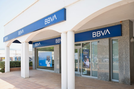 Alcudia, Mallorca, Spain - August 16,2021: Banco Bilbao Vizcaya Argentaria bank entrance. Second...