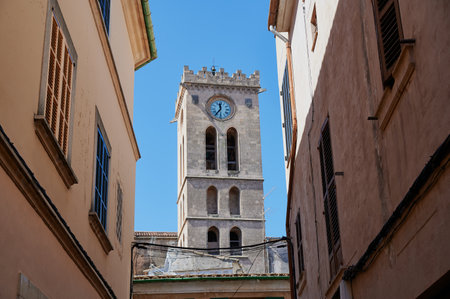 Church tower in the old town of Pollenca, Mallorca, Spainの写真素材