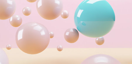 illustration of suspended pastel balls, 3d render of glossy spheres, bright pastel colored background image, digital artの写真素材
