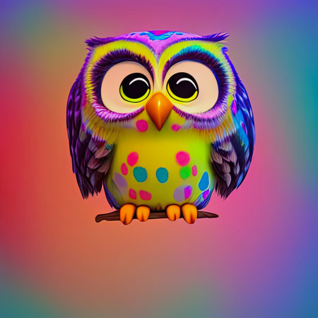 Illustration of cute little baby owl in neon colors, digital artの素材