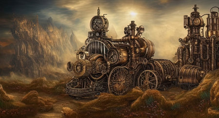 illustration of a steampunk vehicle in warm brown colors, digital artの写真素材