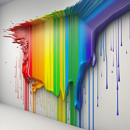illustration of a white wall with dripping paint splash in rainbow colors, digital art
