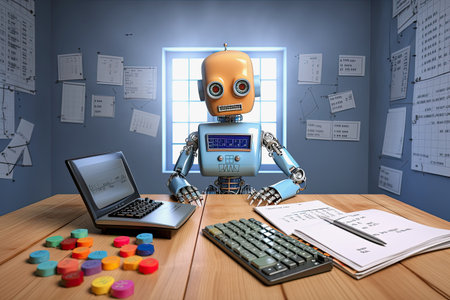 generative ai illustration of a robot sitting at a table just learning somethingの素材