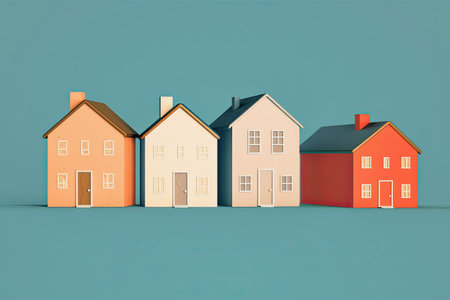generative ai illustration of four row houses on blue background with copy spaceの素材