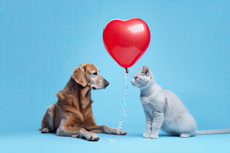 generative ai illustration of a brown dog and a gray cat, heart shaped balloon in betweenの素材