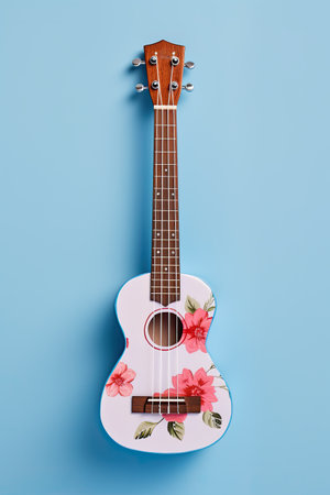 generative ai illustration of a pastel colored ukulele with flower pattern on light blue backgroundの素材