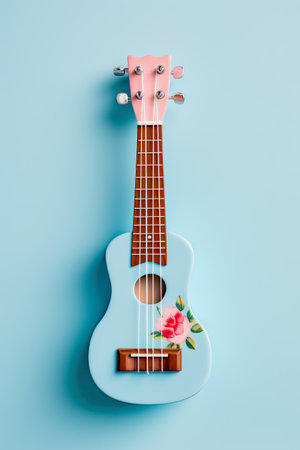 generative ai illustration of a pastel colored ukulele with flower pattern on light blue backgroundの素材