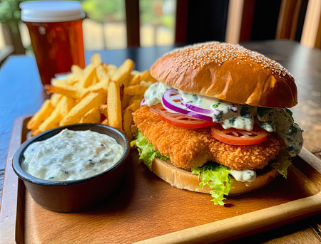 generative ai illustration of a crispy fish burger with french friesの素材