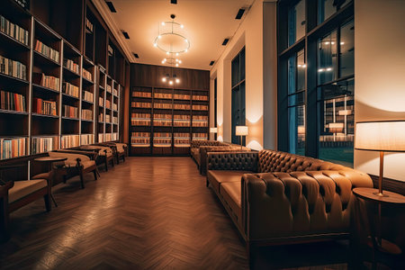 generative ai illustration of a cozy public library with big leater sofasの素材