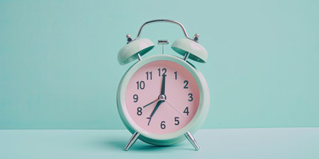generative ai illustration of a pastel colored alarm clock on light blue background with copy spaceの素材