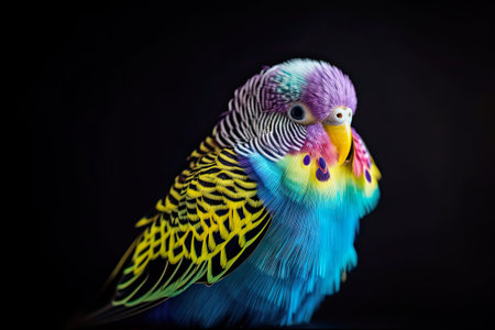 generative ai illustration of a rainbow colored budgie portrait against black backgroundの素材