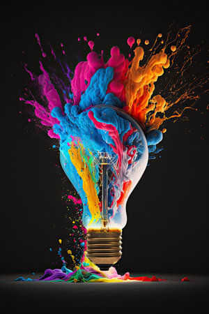generative ai illustration, colorful exploding glowing lightbulb against black backgroundの素材