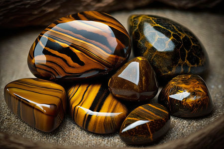 generative ai illustration of tigers eye mineral gemstone, tumbled and polishedの素材