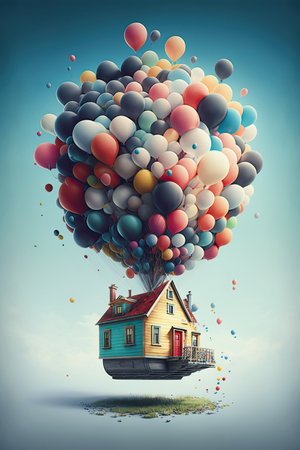 generative ai illustration, cute floating villa hanging on a bunch of balloonsの素材