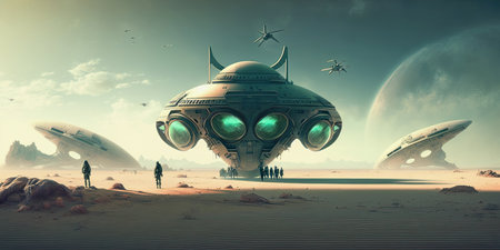 generative ai illustration, landing of an alien ship on a planetの素材