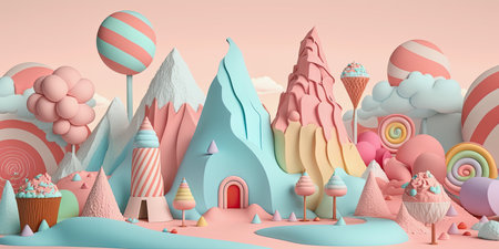 ai midjourney generative fantasy illustration of a small pastel colored candylandの素材