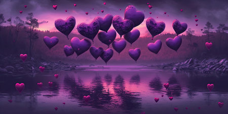 generative ai illustration of a fantasy landscape and floating purple colored heart shaped balloonsの素材