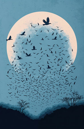 generative ai illustration of birds flying over a landscape with fullmoonの素材