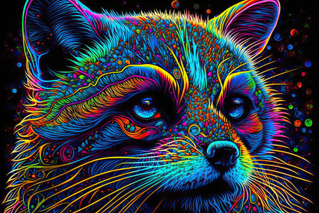generative ai illustration, a psychedelic colorful raccoon head with blue eyesの素材