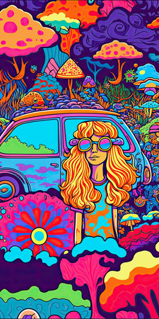 generative ai illustration, colorful hippie cartoon with a girl and a lot of psychedelic mushroomsの素材