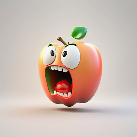 generative ai illustration, red funny excited apple with a face on white backgroundの素材
