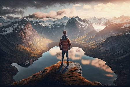 ai generative, illustration of a boy standing on a high mountain and looking over a lakeの素材