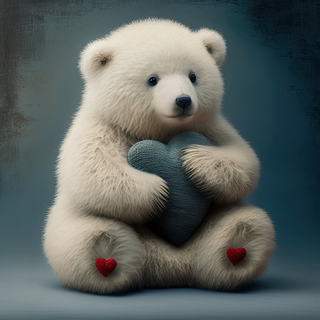 ai generative, illustration of a fluffy white teddy bear holding a blue heartの素材