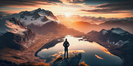 midjourney ai generated illustration of a man standing on a high moutain and looking over a lake during sunsetの素材