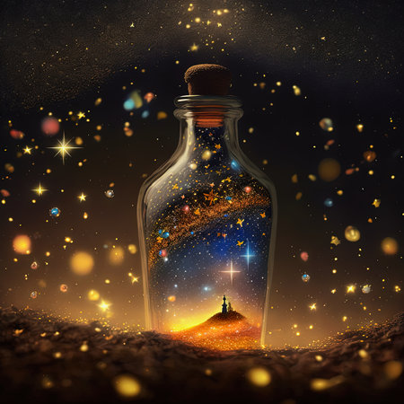 generative ai illustration of a fantasy cosmic landscape in a glass bottleの素材